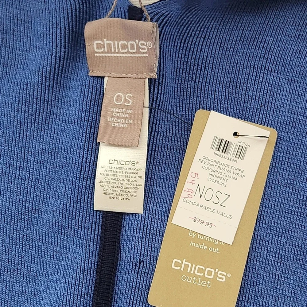 Chicos Reversible Colorblock Stripe Knit‎ Ruana Wrap Midnight Blue OS NWT